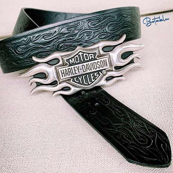 HARLEY-DAVIDSON Flame Tooled Black Leather Belt & Belt Buckle Size 36 - Picture 13 of 16